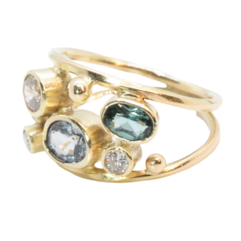 Fancy - guld 14kt, brillanter, aquamarine & safir
